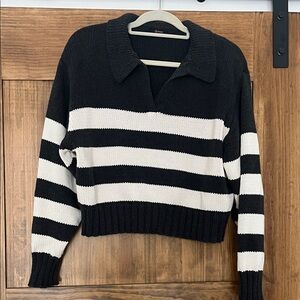 Quince Black and White Striped V-Neck Sweater
